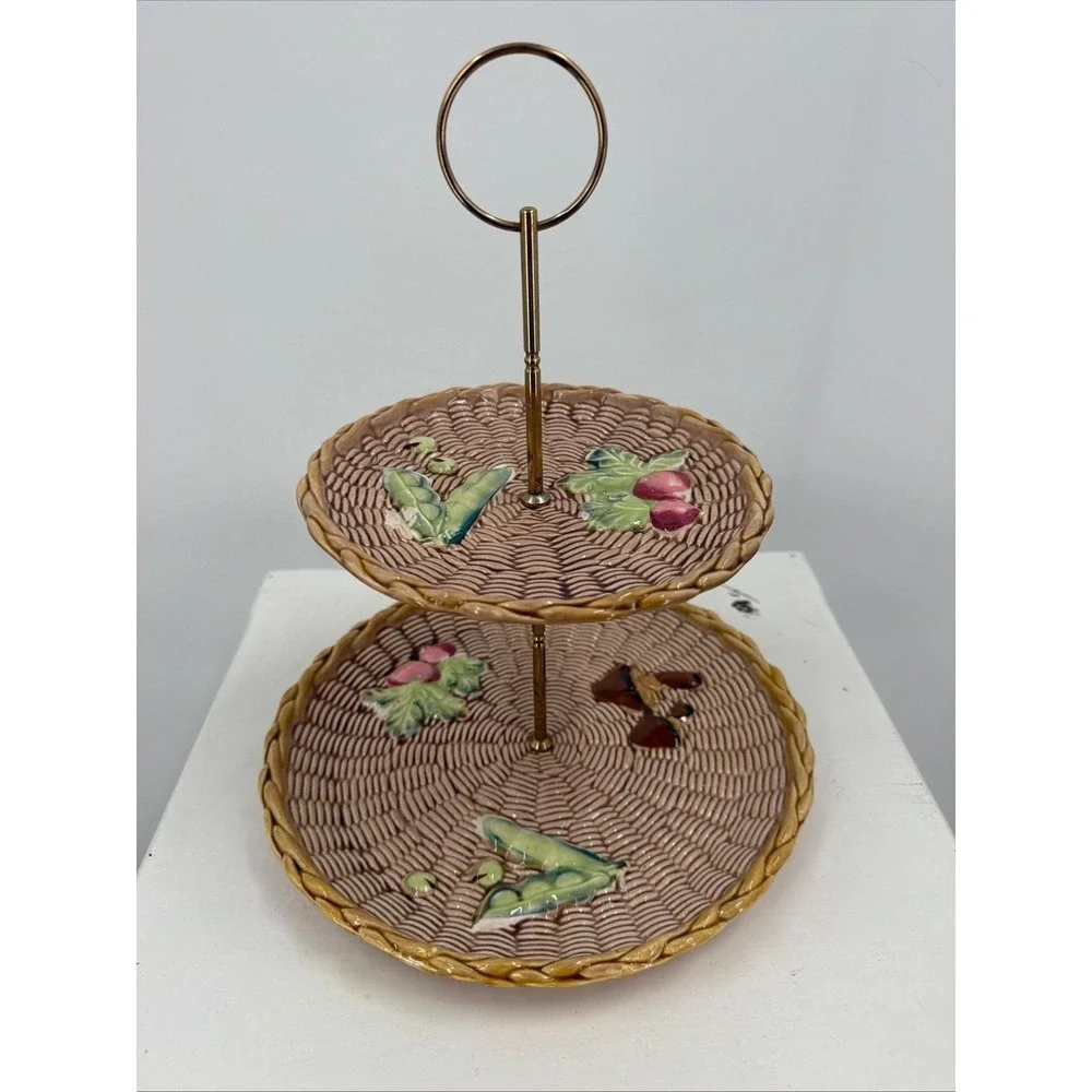 Vintage Ceramic 2-Tier Serving Tray Stand Basketweave Vegetable Motif‎ Country